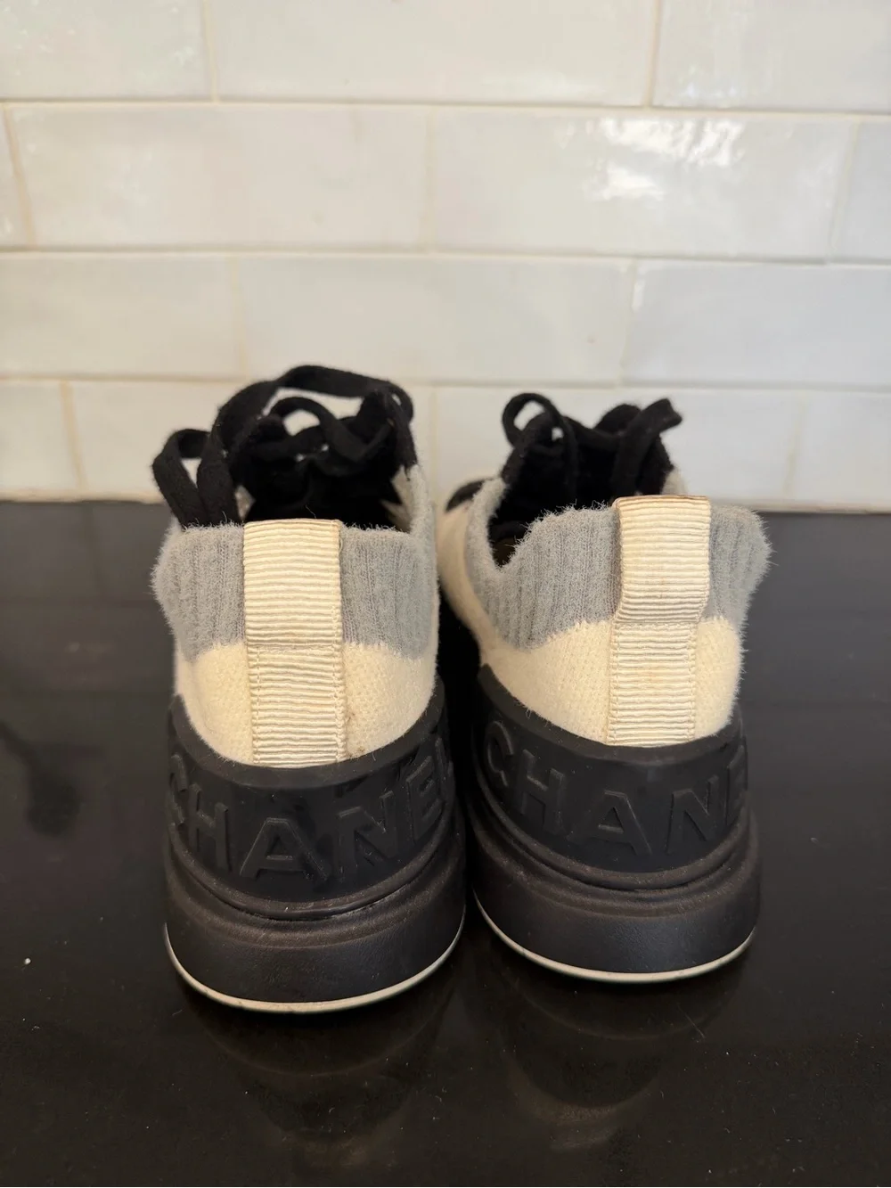 Chanel Women’s Knit Sneakers in Cream and Black